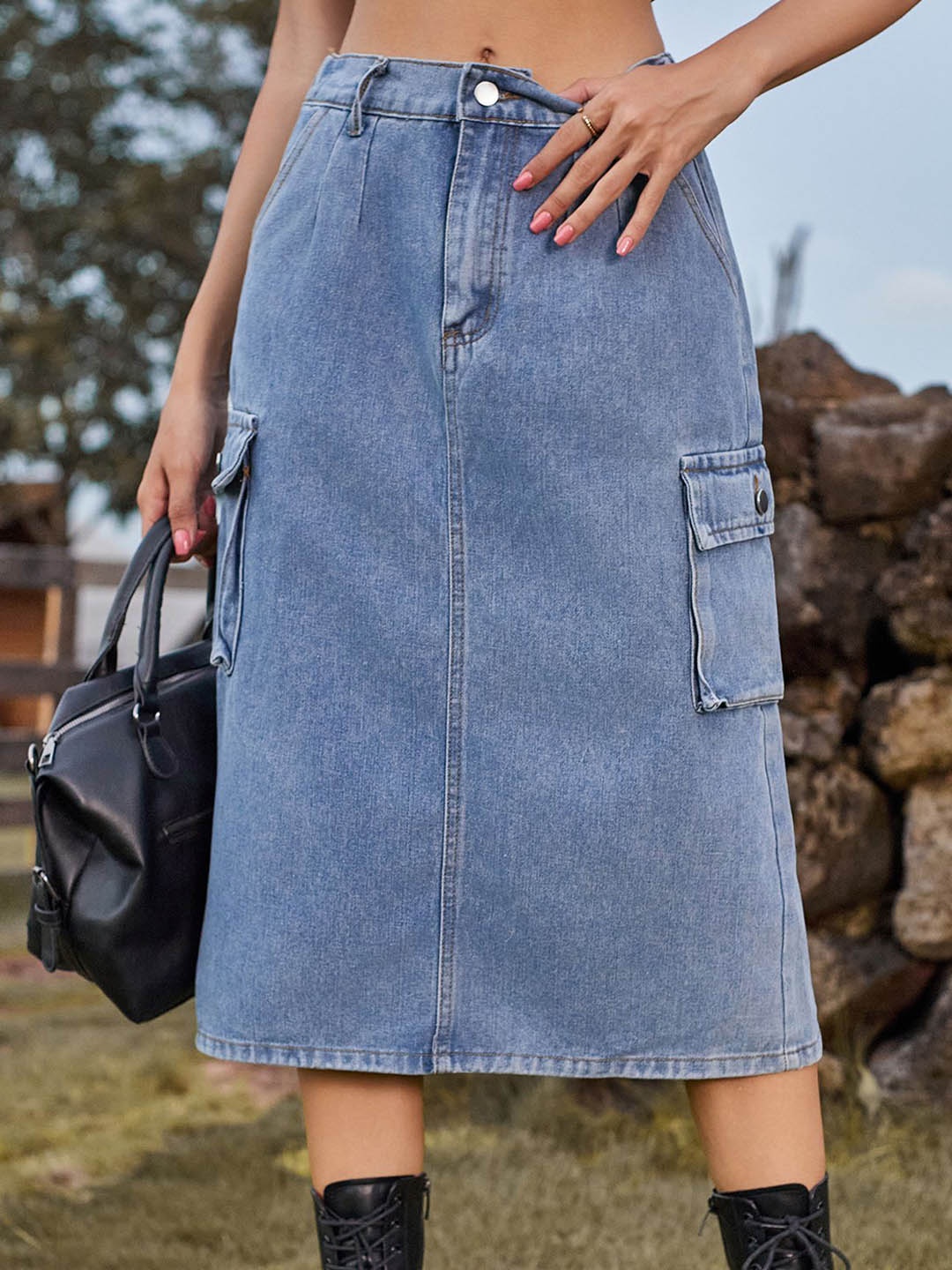 

StyleCast Denim Straight Midi Skirt, Blue