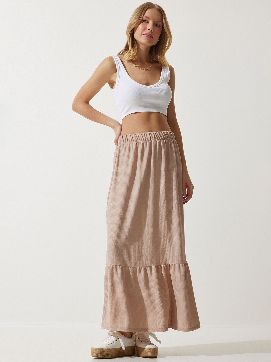 

Happiness istanbul Solid Flared Maxi Skirts, Cream