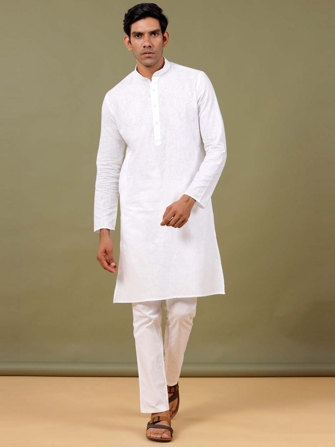 

Tistabene Mandarin Collar Long Sleeves Linen Straight Kurta, White