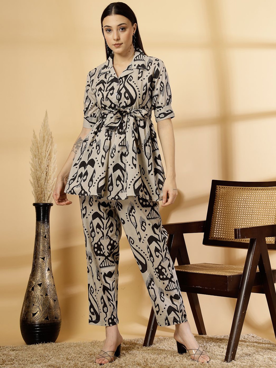 

Pistaa 3-Pcs Printed Pure Cotton Top With Trouser & Belt Co-Ords, Cream