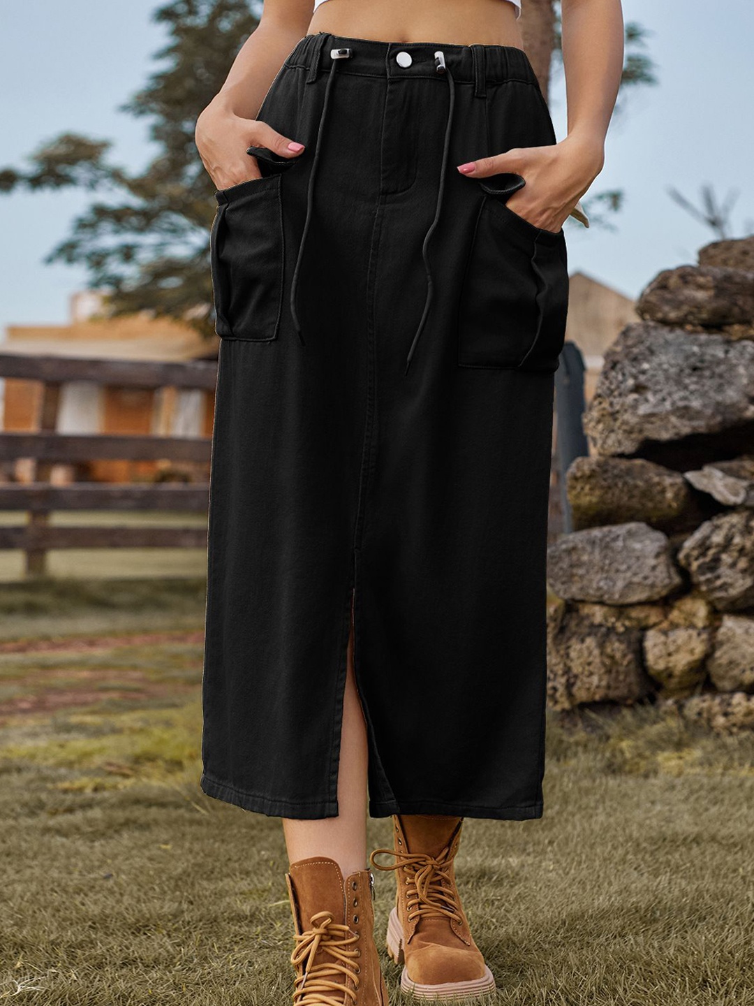 

StyleCast Solid Denim Midi Skirt, Black