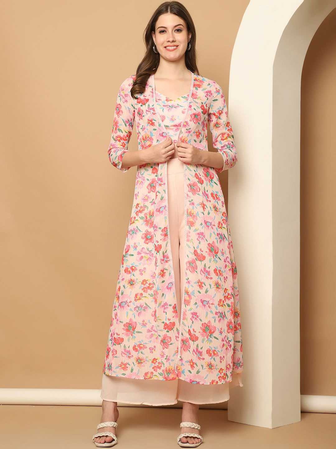 

Purple State Floral Printed Top With Palazzos & Shrug Co-Ords, Pink