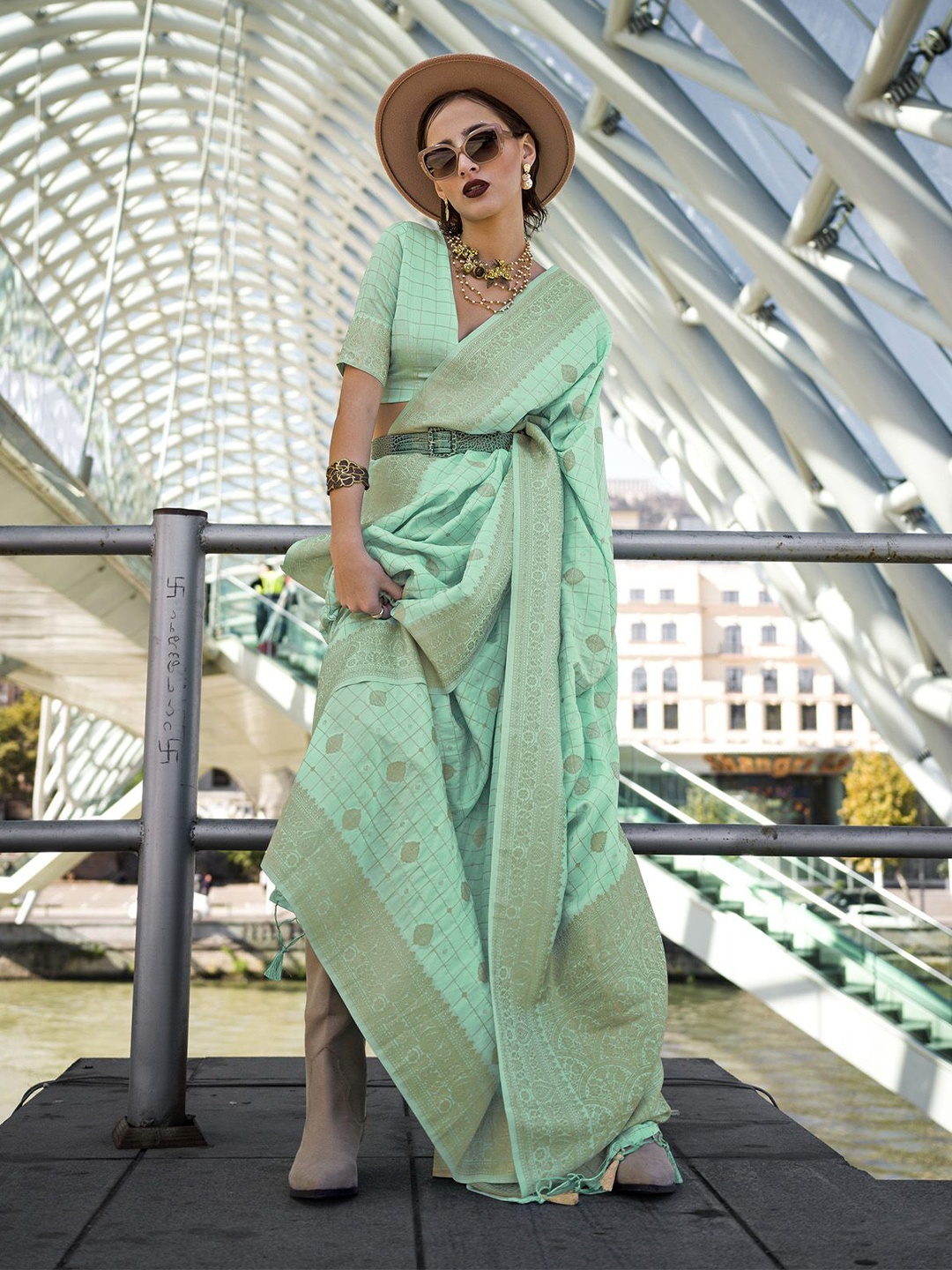 

elora Checked Zari Silk Blend Saree, Sea green