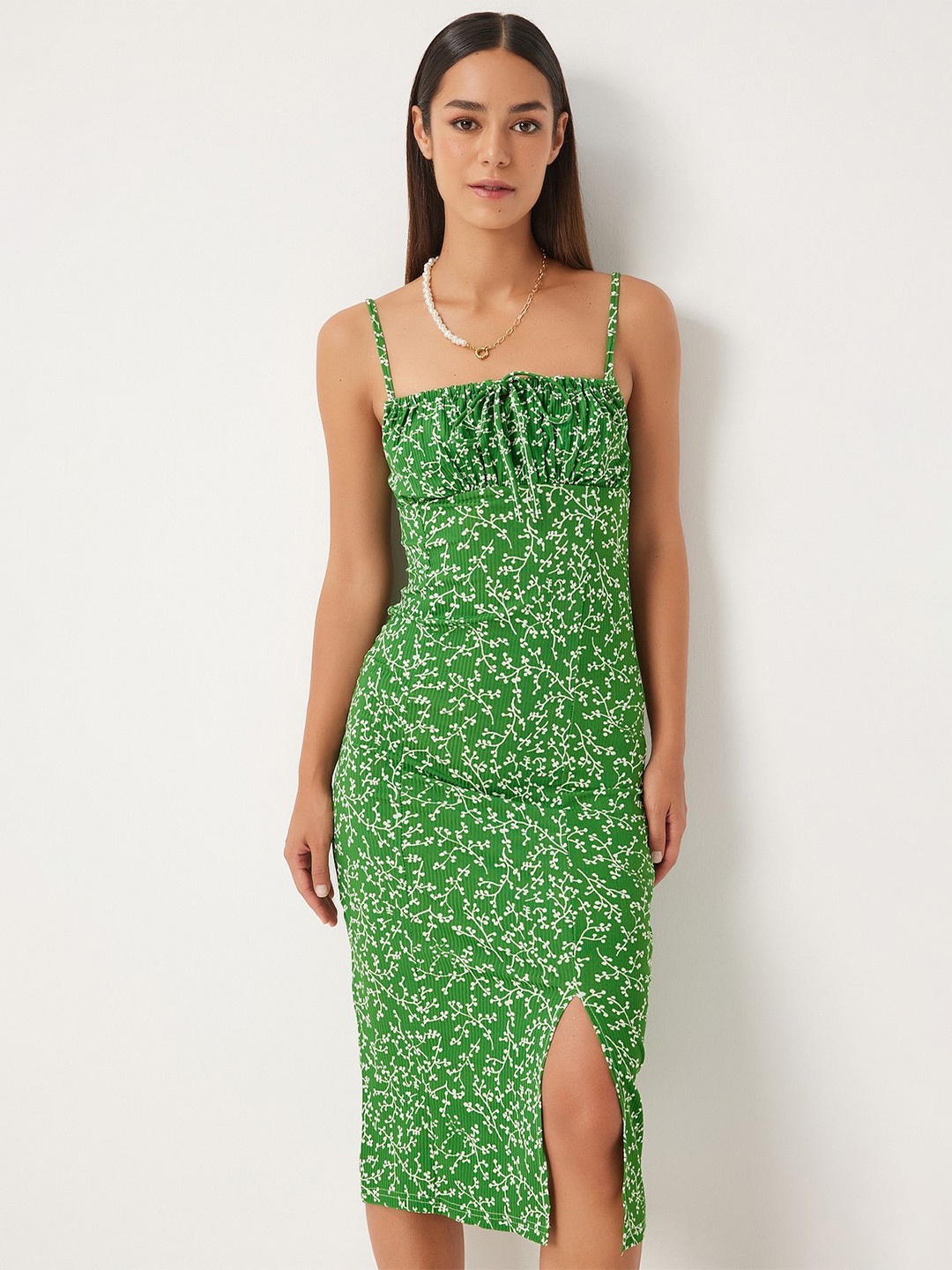 

Happiness istanbul Floral Printed Sheath Midi Dress, Green