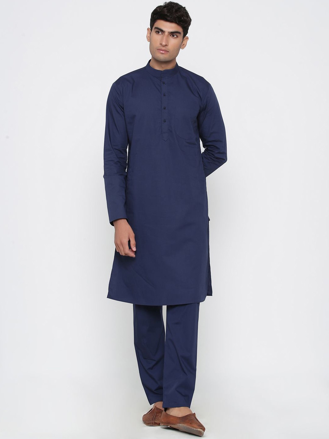 

Tistabene Mandarin Collar Cotton Straight Kurta, Navy blue