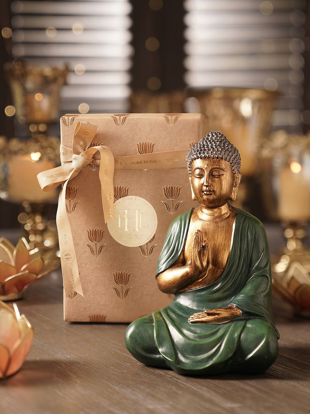 

Pure Home and Living Green & Gold Toned Buddha Idol Showpiece