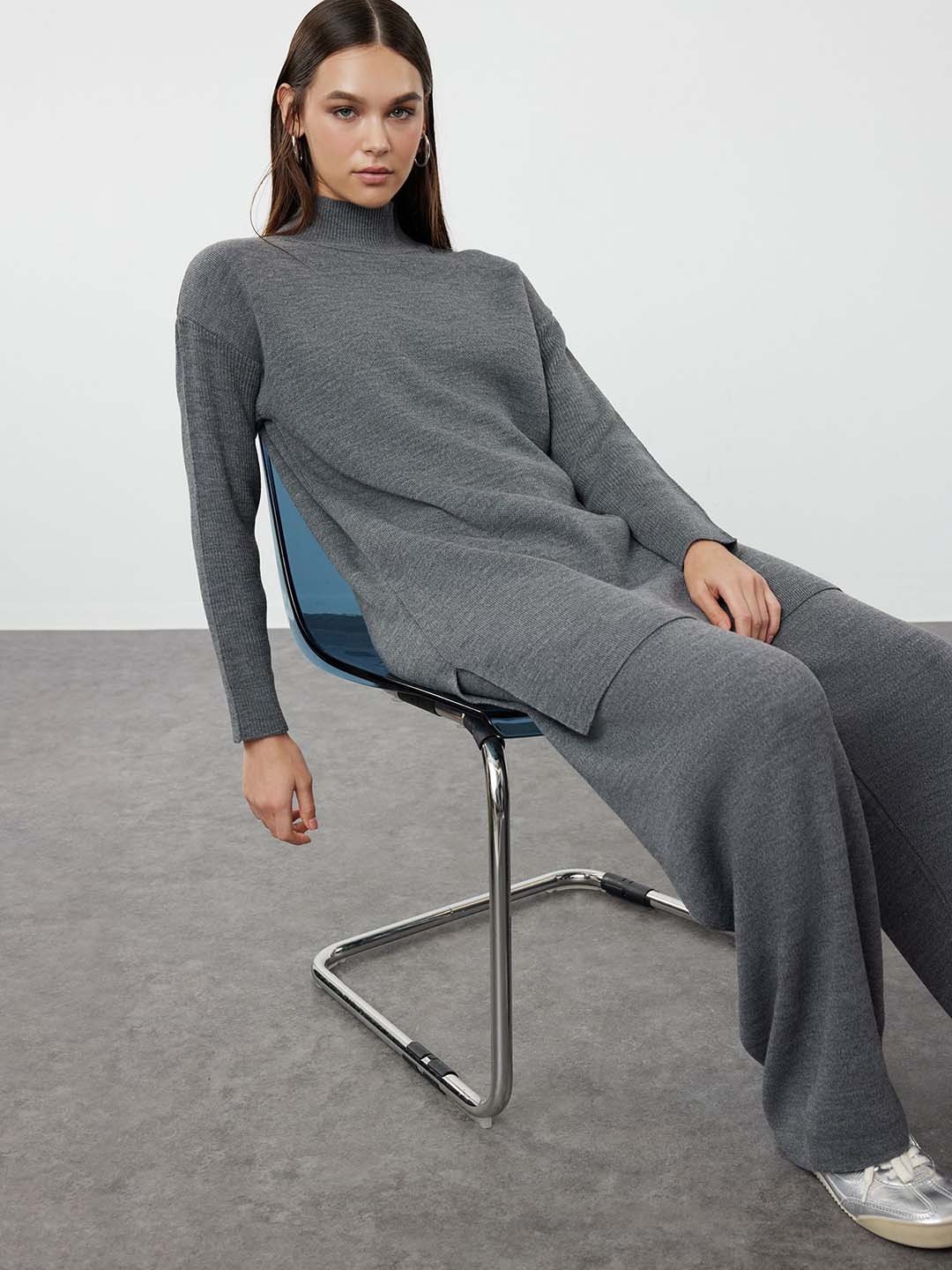 

Trendyol High Neck Acrylic Tunic With Trouser, Grey