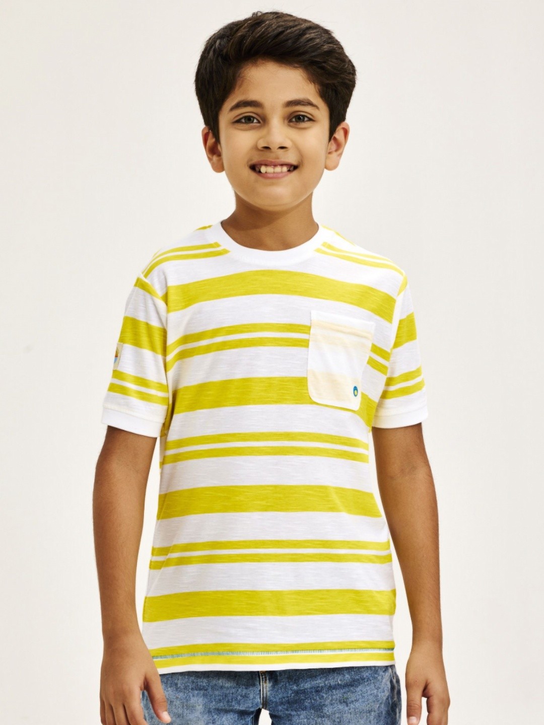

NO MONDAYS Boys Striped Pure Cotton Pockets T-shirt, Yellow