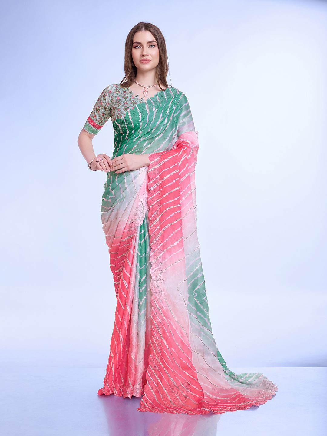 

all about you Leheriya Zari Poly Chiffon Heavy Work Leheriya Saree, Green