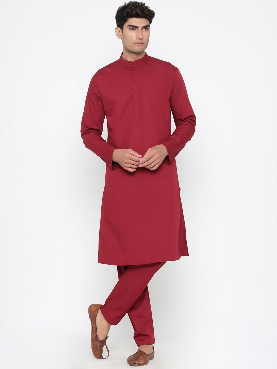 

Tistabene Mandarin Collar Cotton Straight Kurta With Pyjama, Maroon