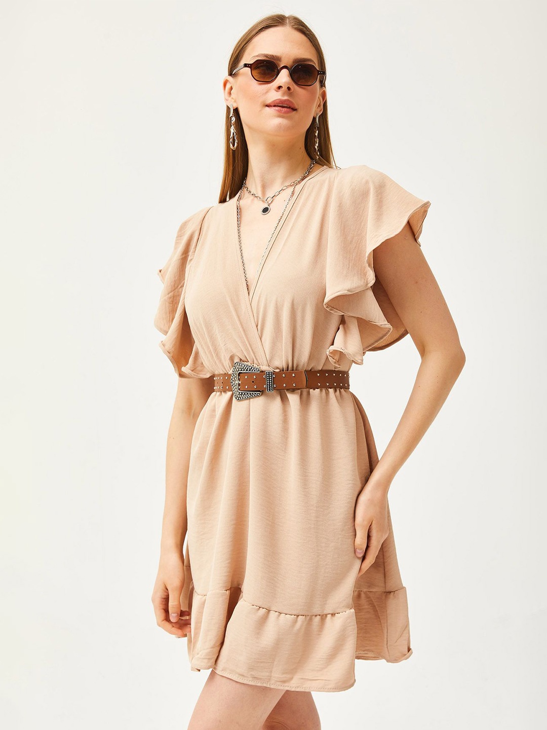 

Olalook V-Neck Cotton Flutter Sleeve Fit & Flare Dress, Beige