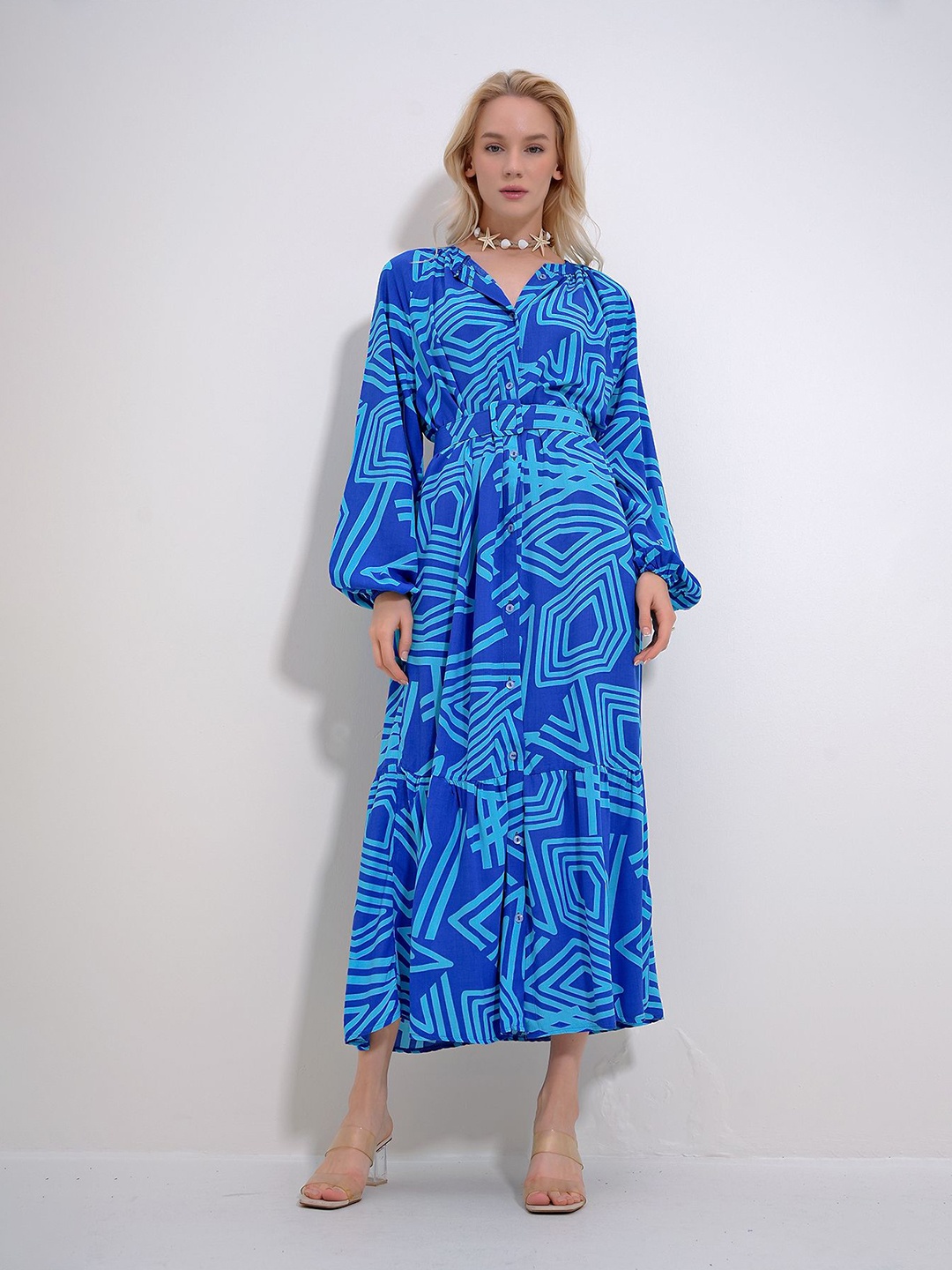 

Trend Alacati stili Abstract Puff Sleeve Midi Dress, Blue