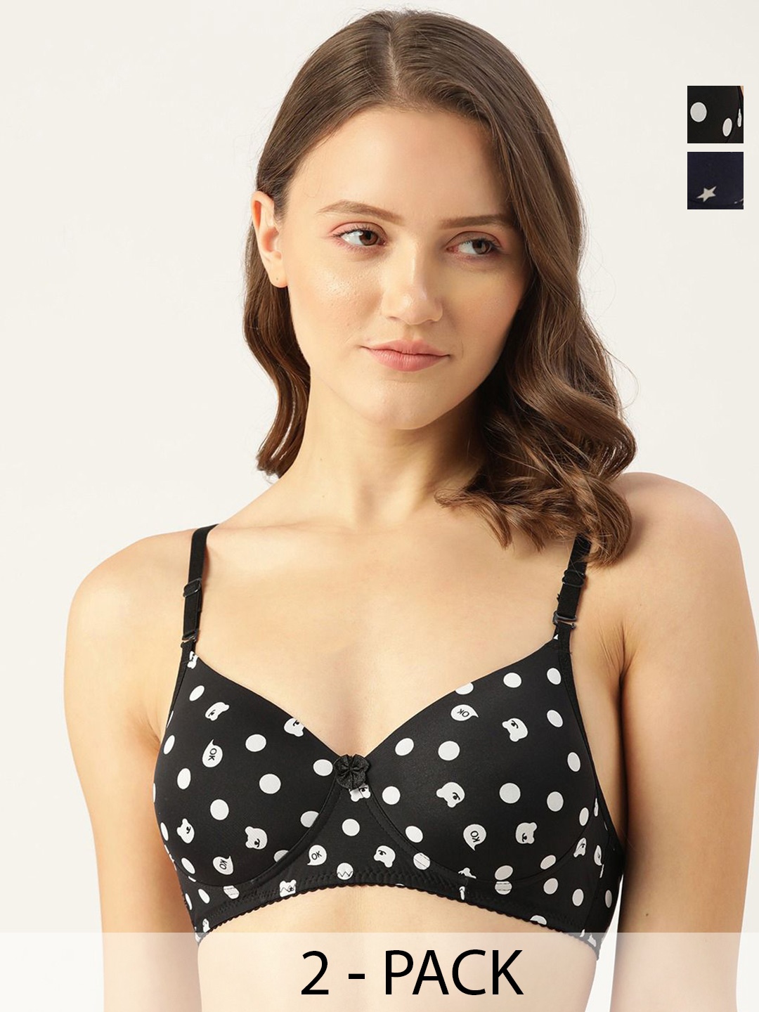 

Lady Lyka Geometric Medium Coverage Lightly Padded Pack of 2 Bra, Black