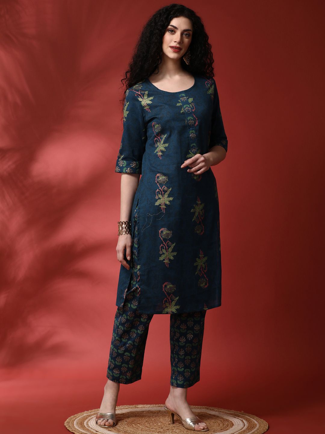 

Anouk Floral Printed Regular Pure Cotton Straight Kurta with Trousers, Blue