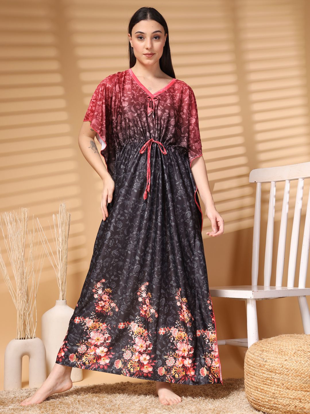 

FABINALIV Printed kaftan Maxi Nightdress, Black