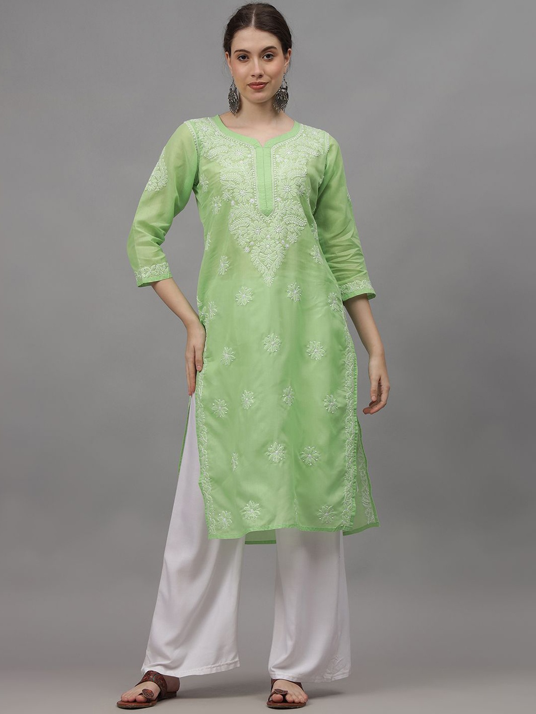 

Seva Chikan Floral Embroidered Lucknowi Chikankari Straight Kurta, Green