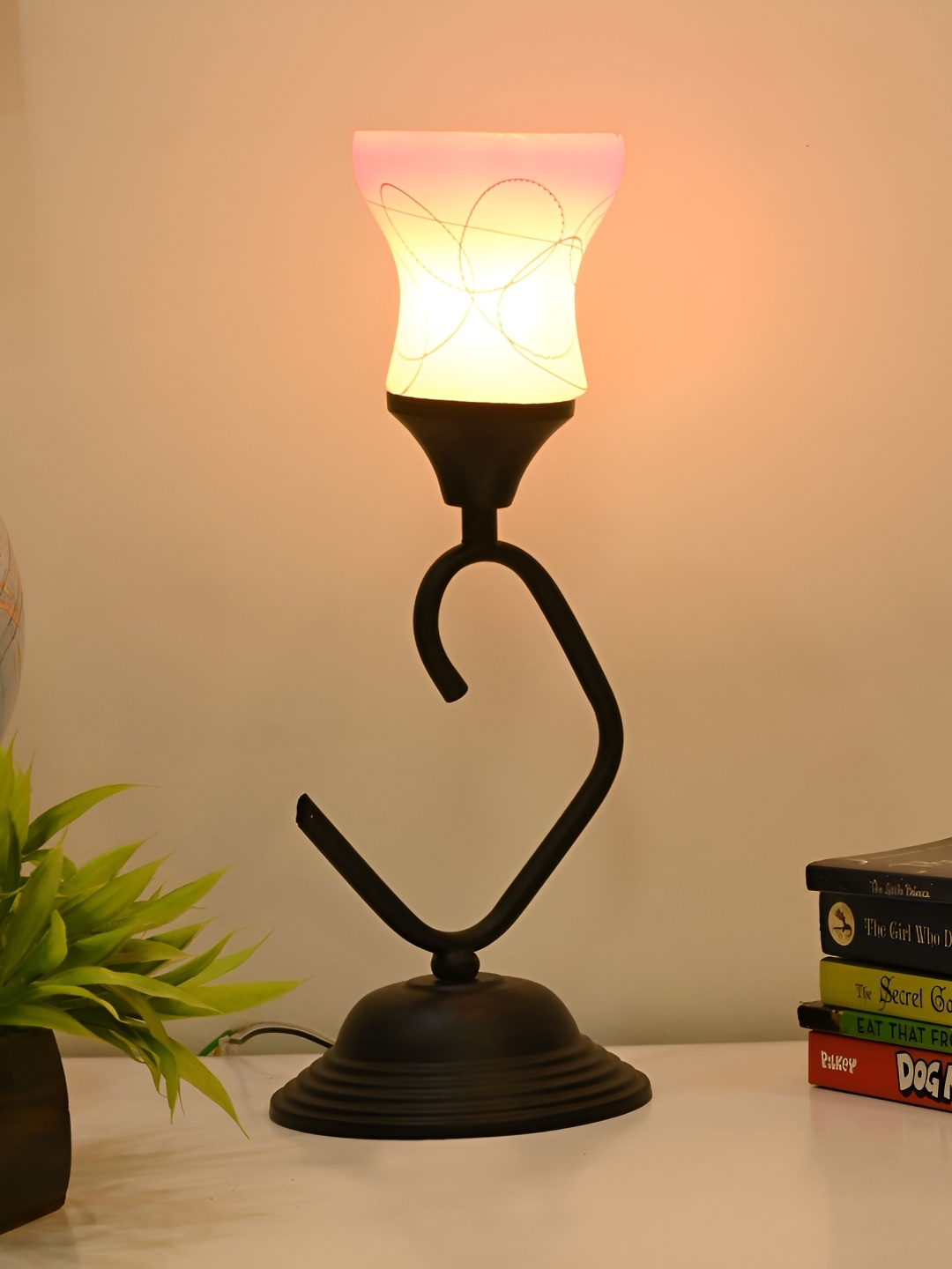 

Afast White & Pink Printed Bell Shaped Glass Table Lamp With Adjustable Cord
