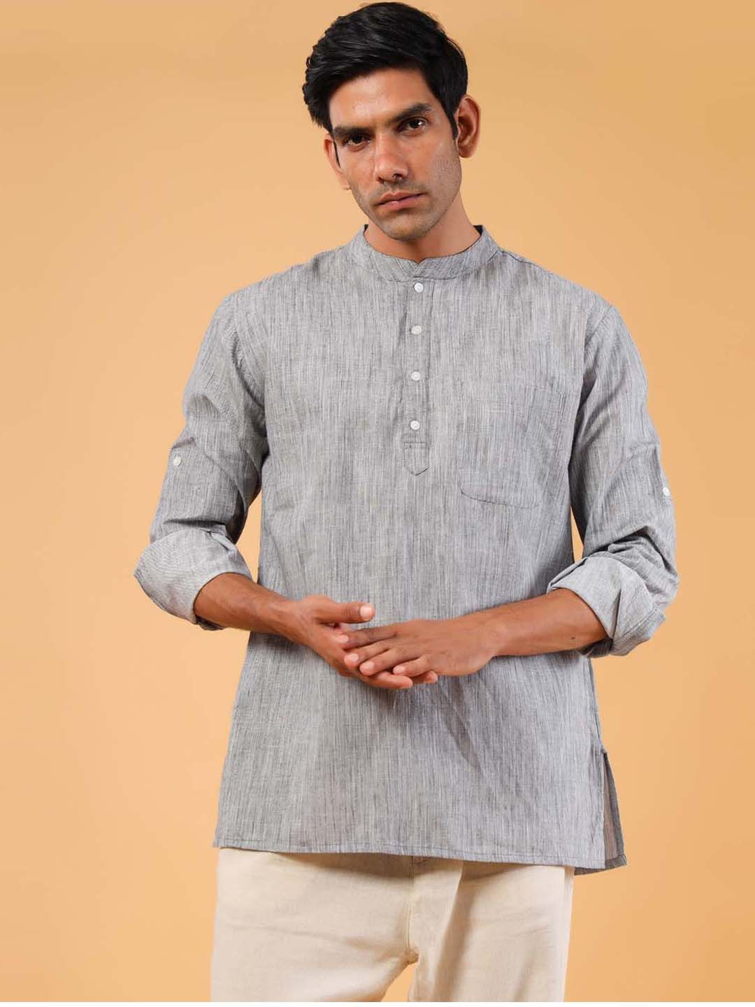 

Tistabene Mandarin Collar Roll-Up Sleeves Cotton Short Straight Kurta, Grey