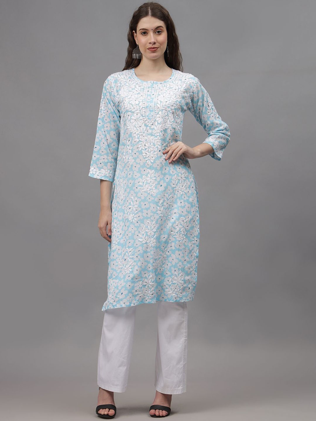

Seva Chikan Ethnic Motifs Embroidered Chikankari Cotton Straight Kurta, Blue