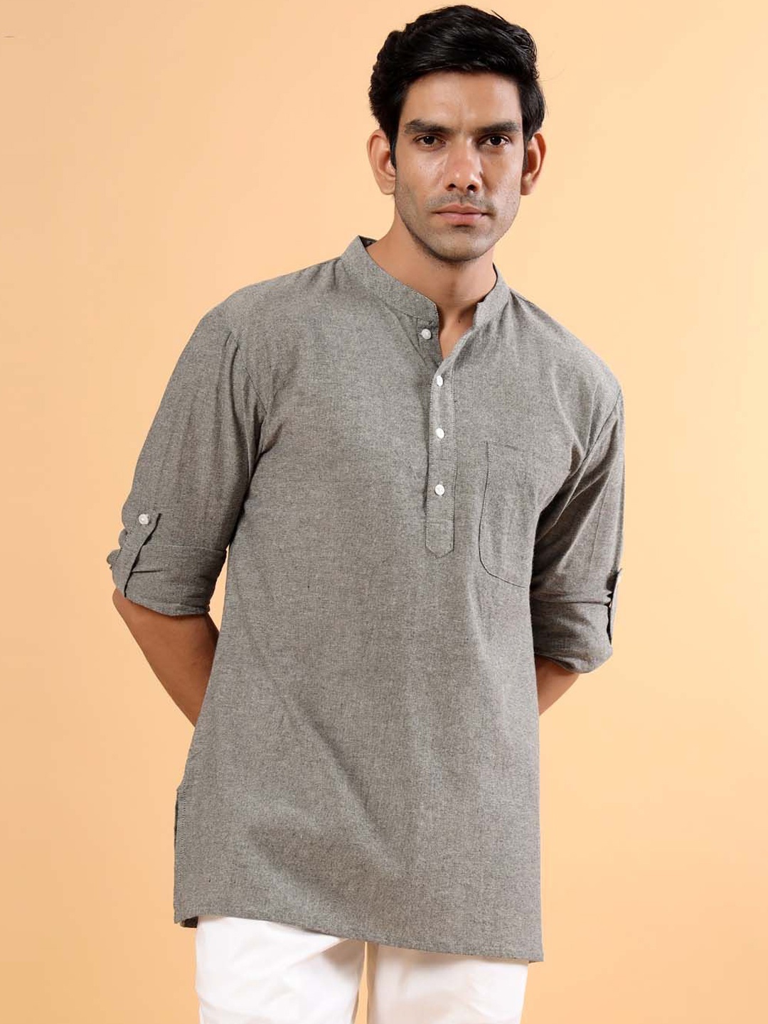 

Tistabene Mandarin Collar Roll Up Sleeves Cotton Short Kurta, Grey