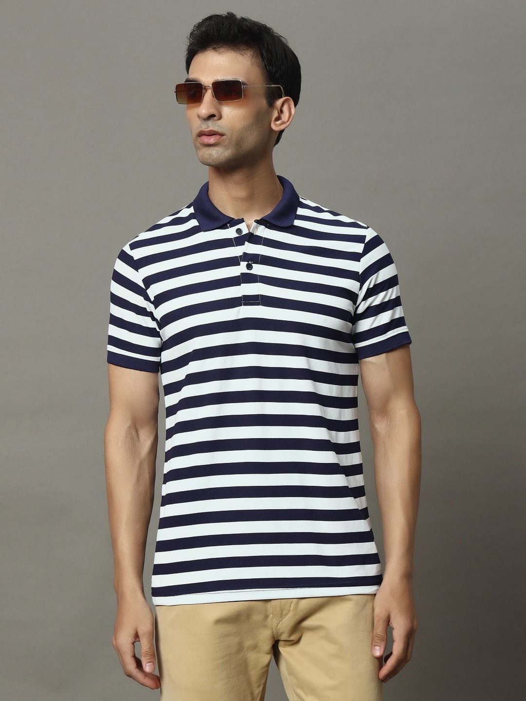 

OGEN Men Striped Polo Collar Pockets T-shirt, Navy blue
