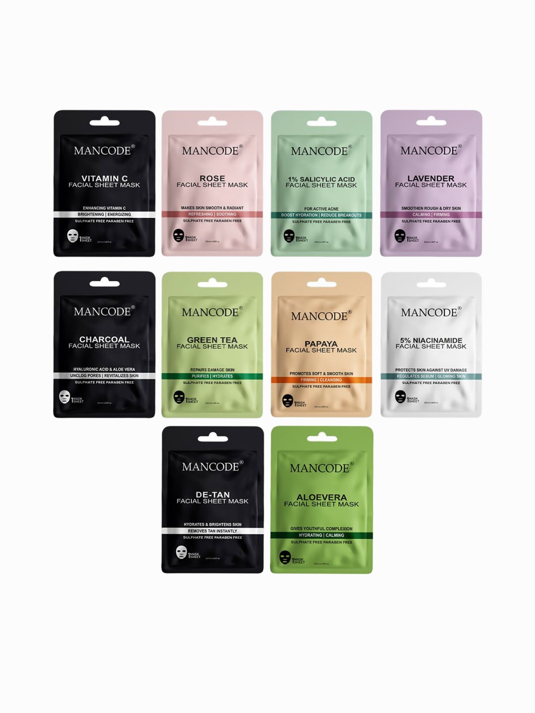 

MANCODE Set Of 10 Assorted Facial Sheet Mask- 25 ml Each, Multi