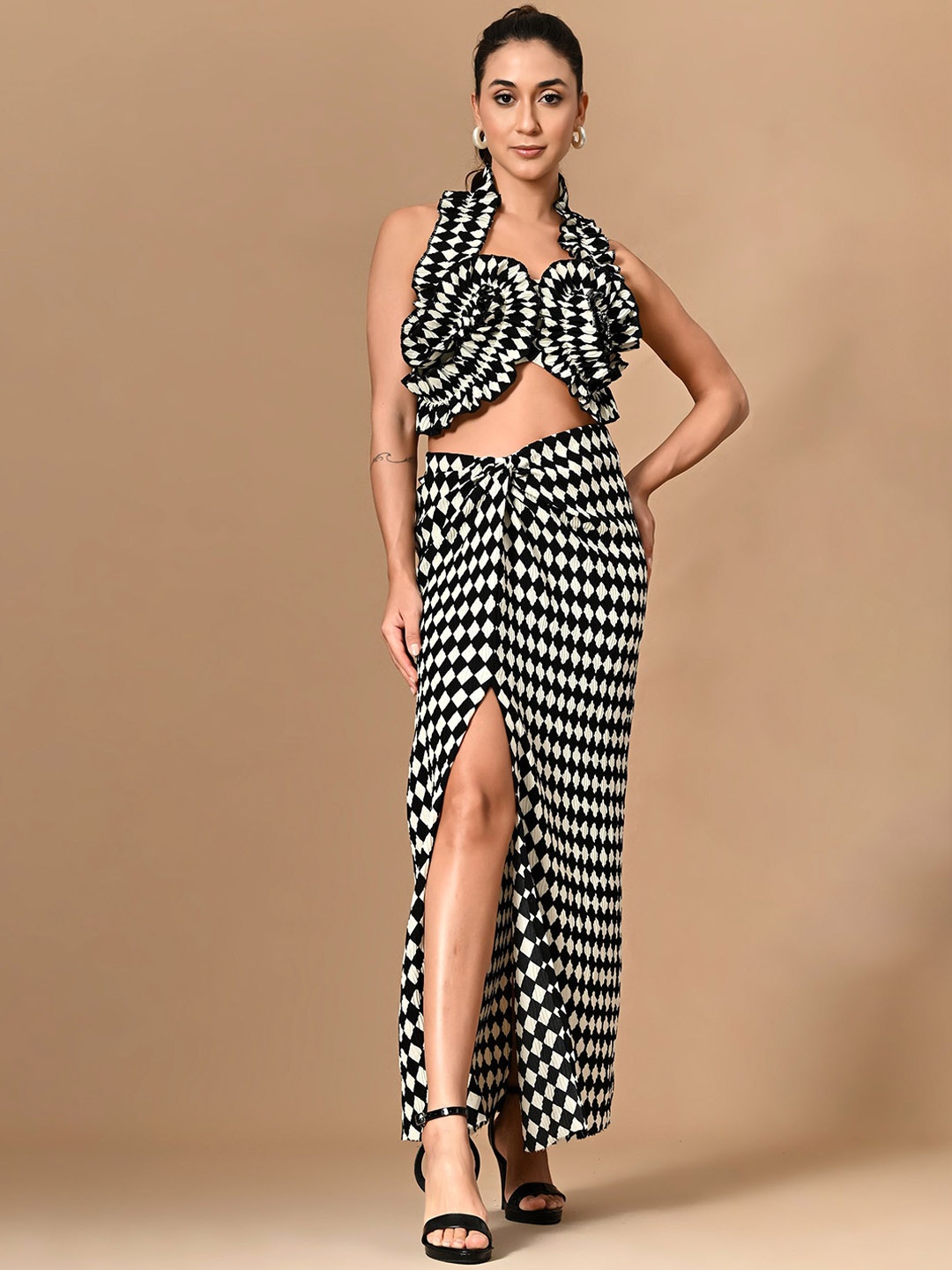 

PANKH Printed Halter Neck Crop Top With Draped Skirt, Black