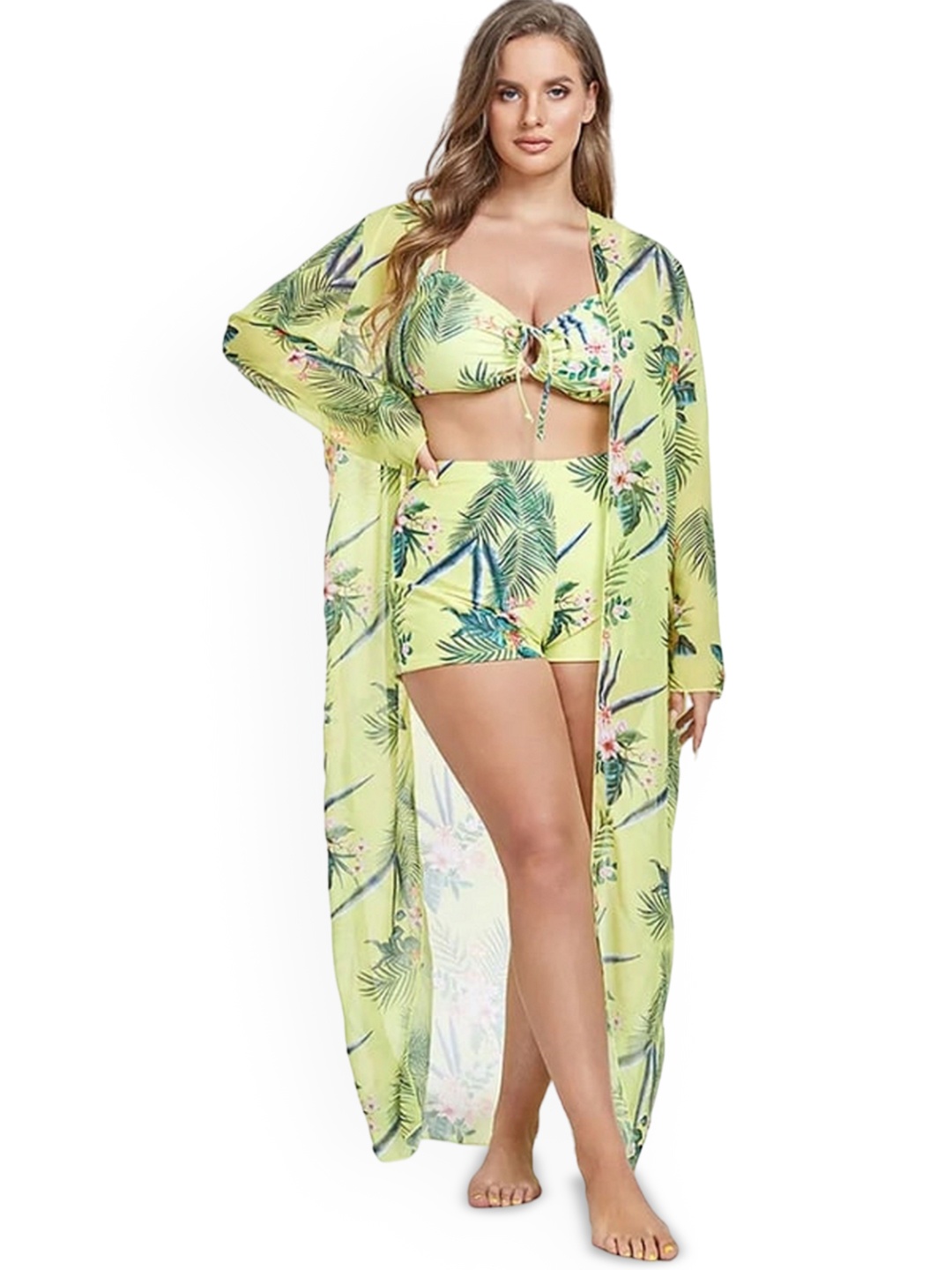 

Plus Curvves Printed Bikini Swimsuit With Kimono Set, Green