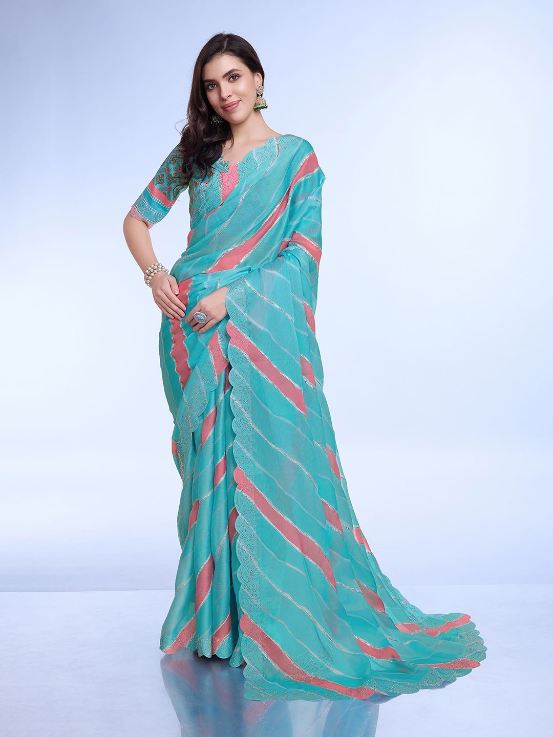 

all about you Leheriya Beads and Stones Poly Chiffon Leheriya Saree, Turquoise blue