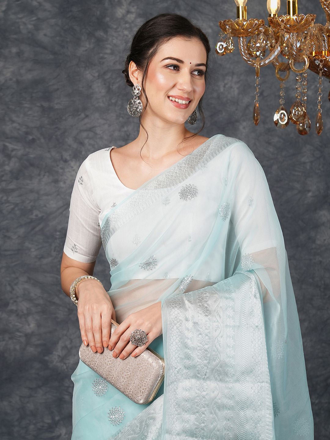 

Satrani Floral Sequinned Organza Banarasi Saree, Blue