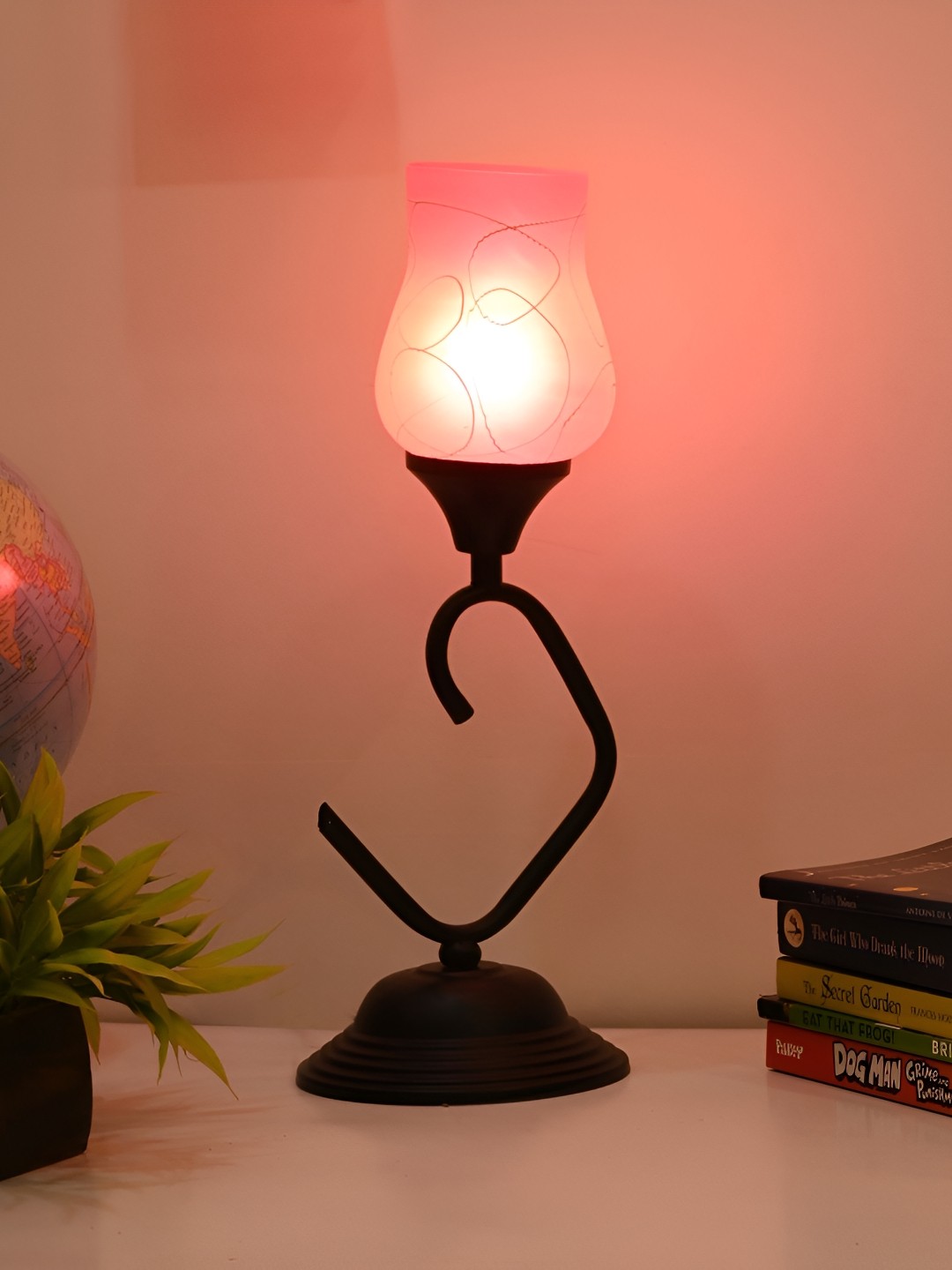 

Afast Pink & Black Printed Traditional Bell Shaped Glass Table Lamp With Adjustable Cord