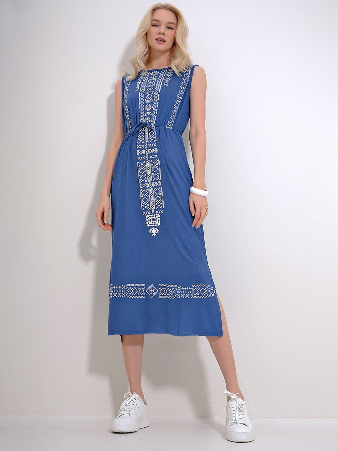 

Trend Alacati stili Geometric Midi A-Line Dress, Blue