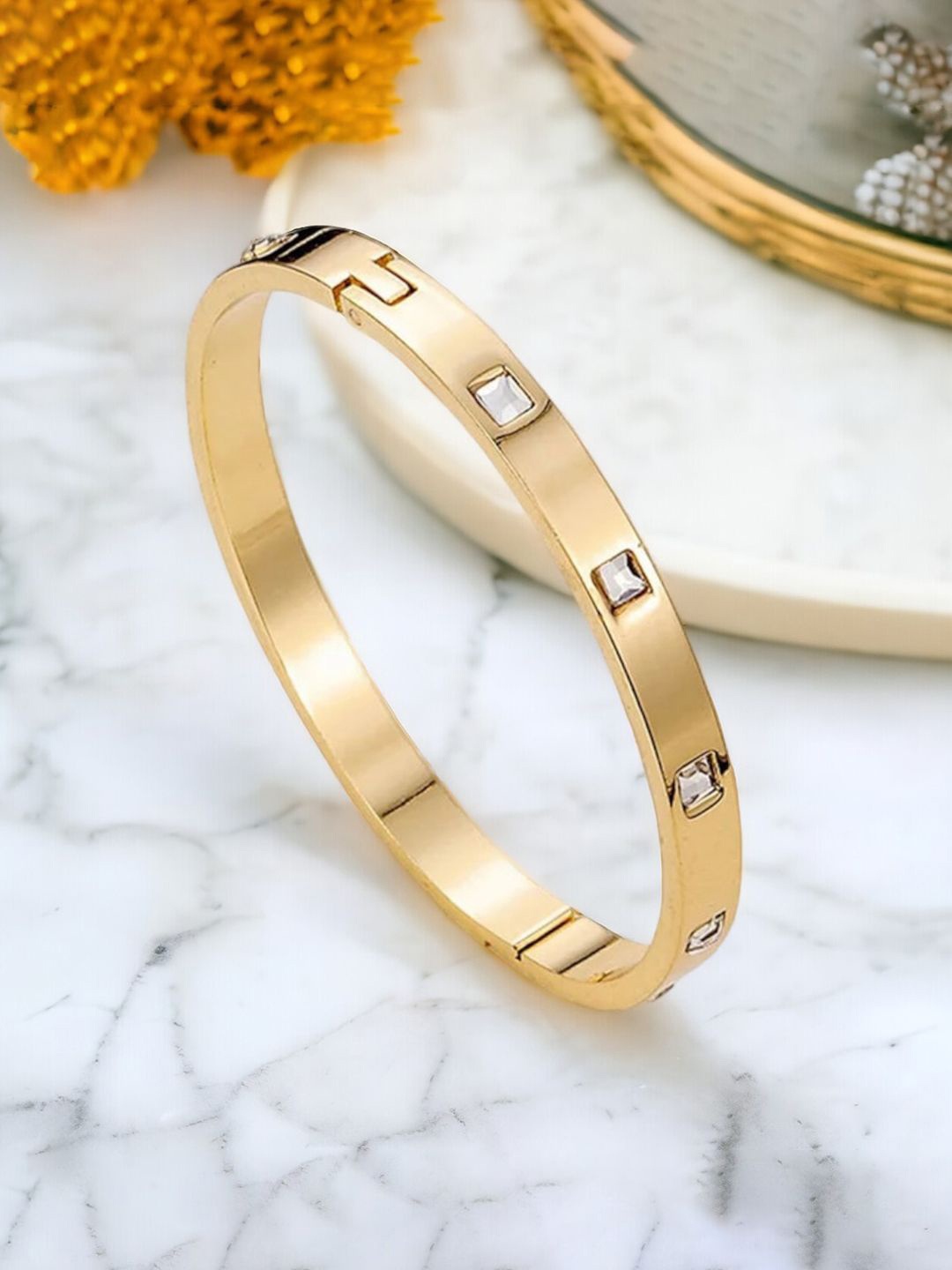 

Jewels Galaxy Gold-Plated Stainless Steel American Diamond Bangle-Style Bracelet