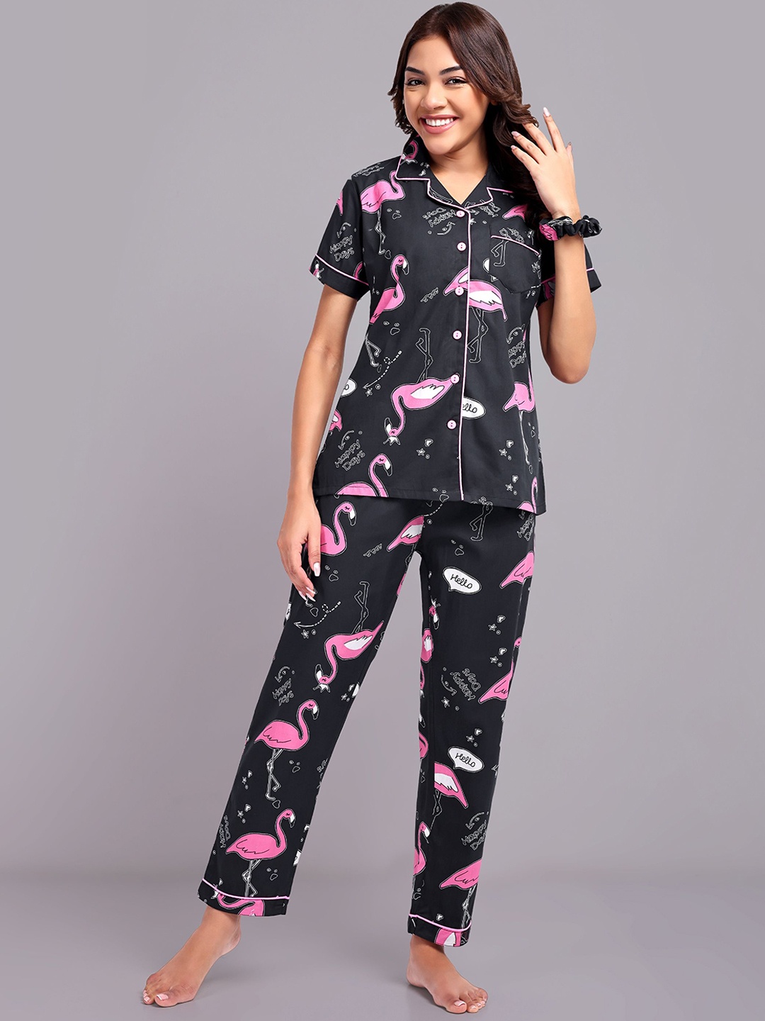 

LEAF ORIGINALS Women Printed Night suit, Black