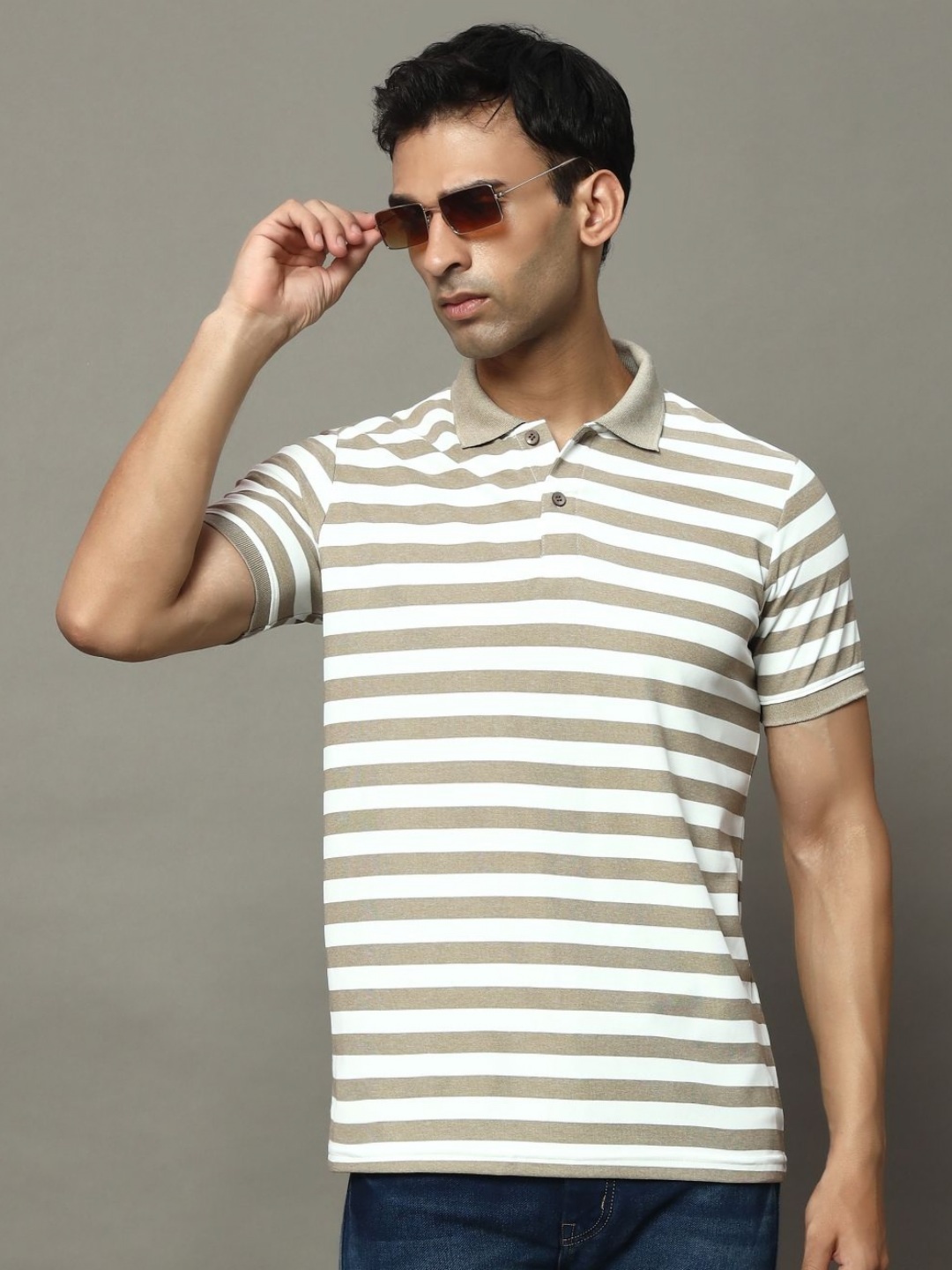 

OGEN Men Striped Polo Collar Pockets T-shirt, Beige