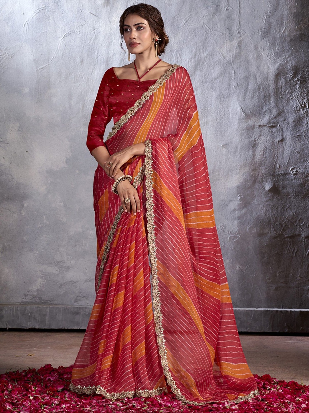 

KALINI Leheriya Sequinned Poly Chiffon Saree, Red