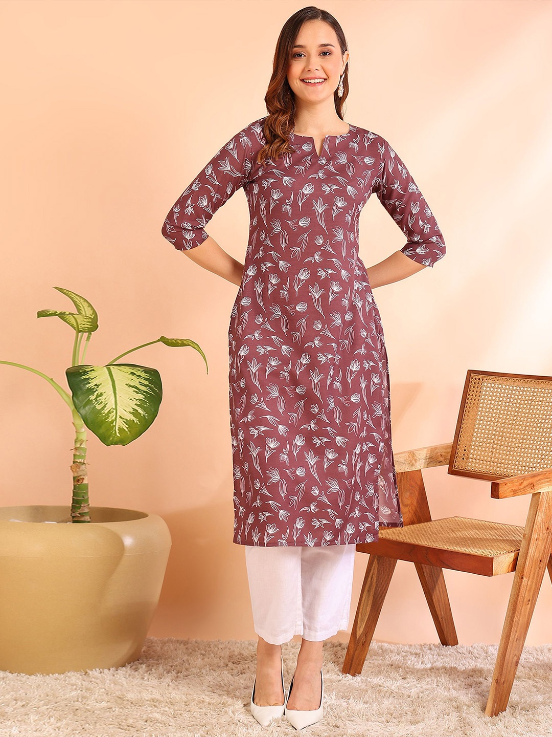 

DSK STUDIO Printed Straight Kurta, Coffee brown