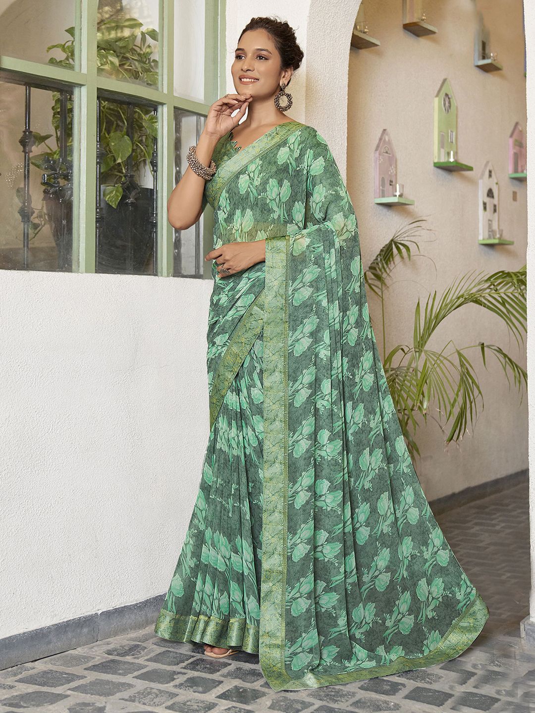 

Satrani Floral Pure Georgette Muga Saree, Green