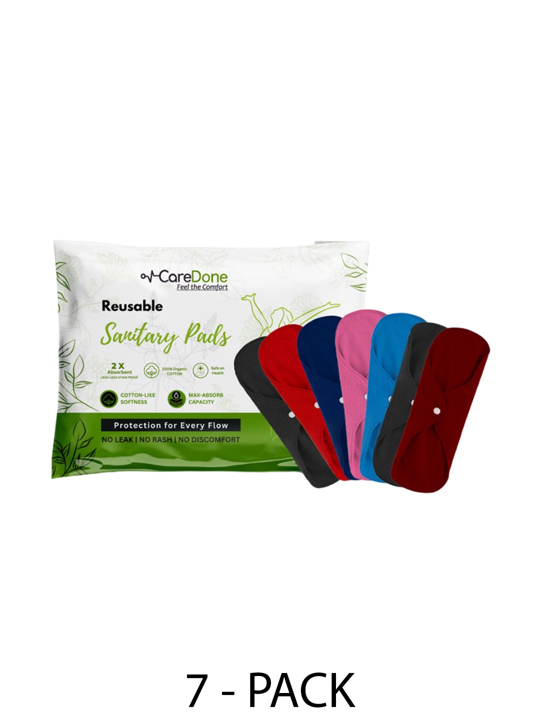 

CareDone Set Of 7 Reusable 100% Organic Cotton Sanitary Cloth Pads - XL, Red