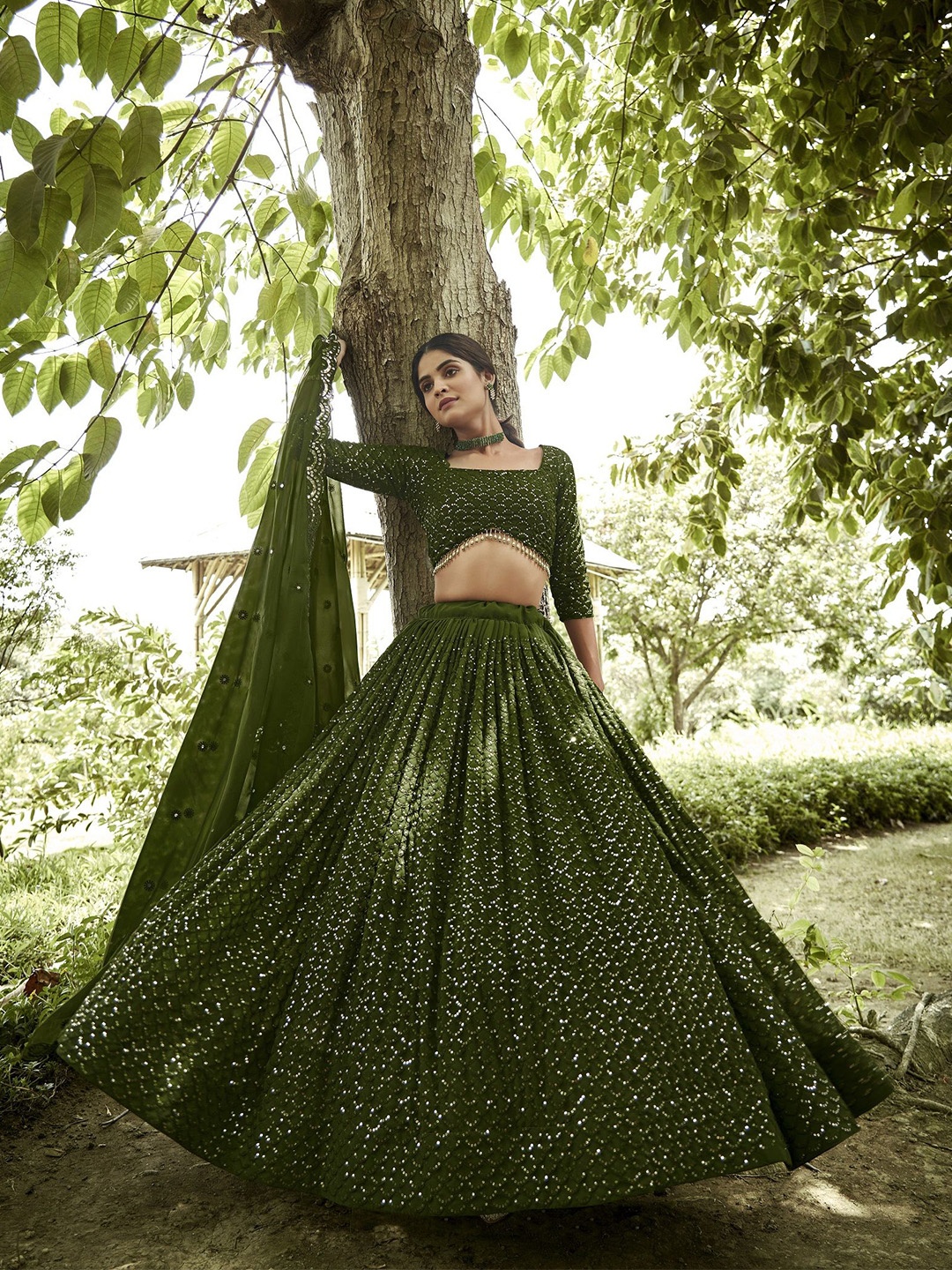 

Warthy Ent Embroidered Sequinned Semi-Stitched Lehenga & Unstitched Blouse With Dupatta, Green