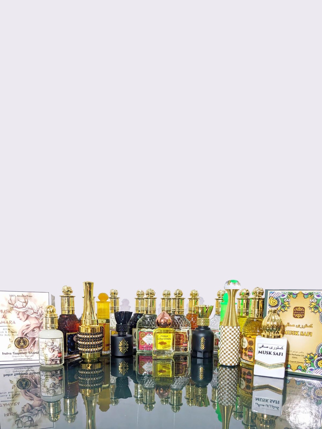 

INDRA SUGANDH BHANDAR 3Pc Shahi Oud Real Black Kasturi Musk Kesar Chandan Attar 3ml Each, Transparent