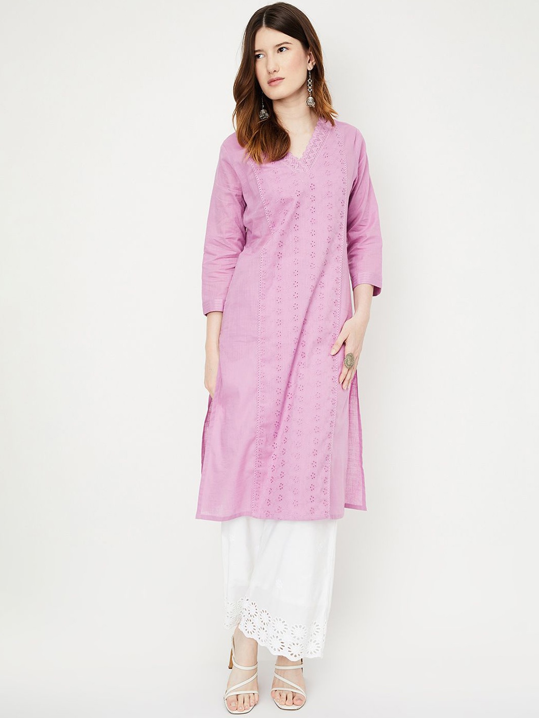 

max Floral Embroidered Cotton Straight Kurta, Purple