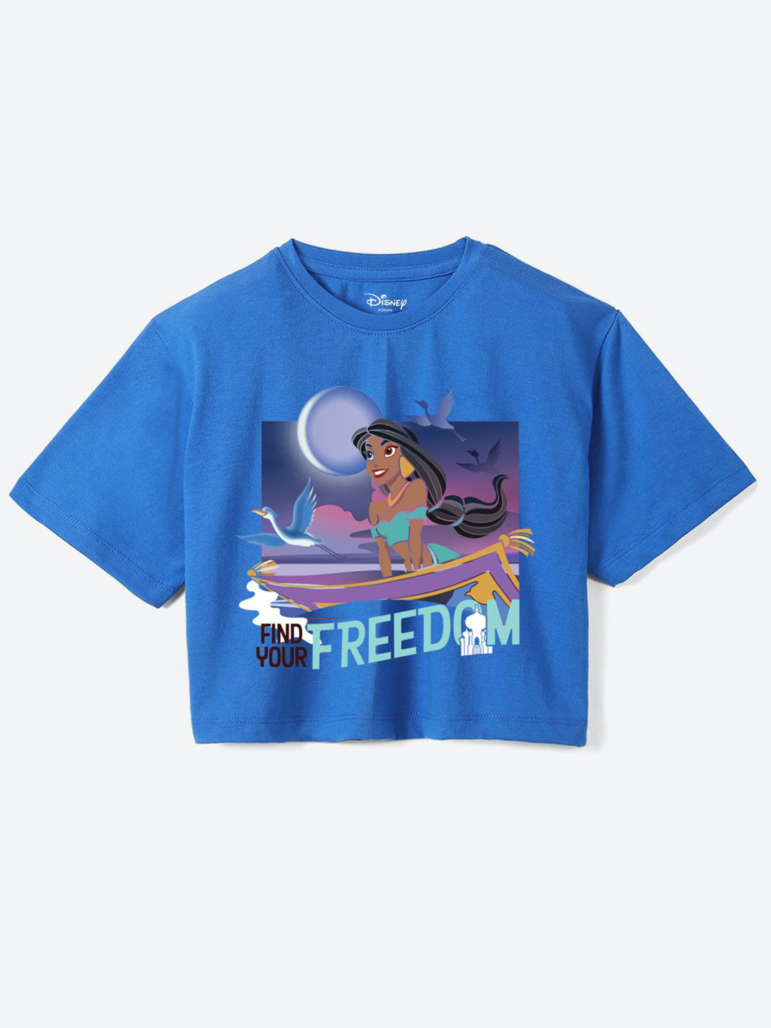 

YK Disney Girls Printed Pure Cotton Applique Boxy T-shirt, Blue