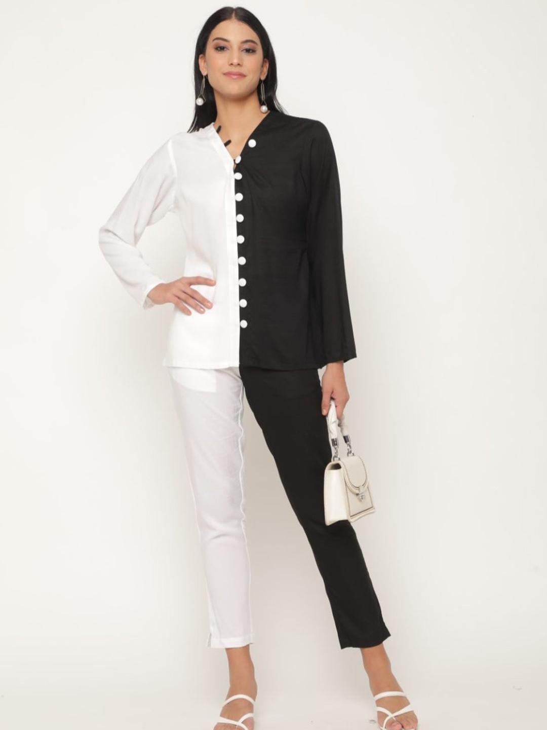 

VIRAGO Colourblocked Pure Cotton Shirt With Trousers, Black
