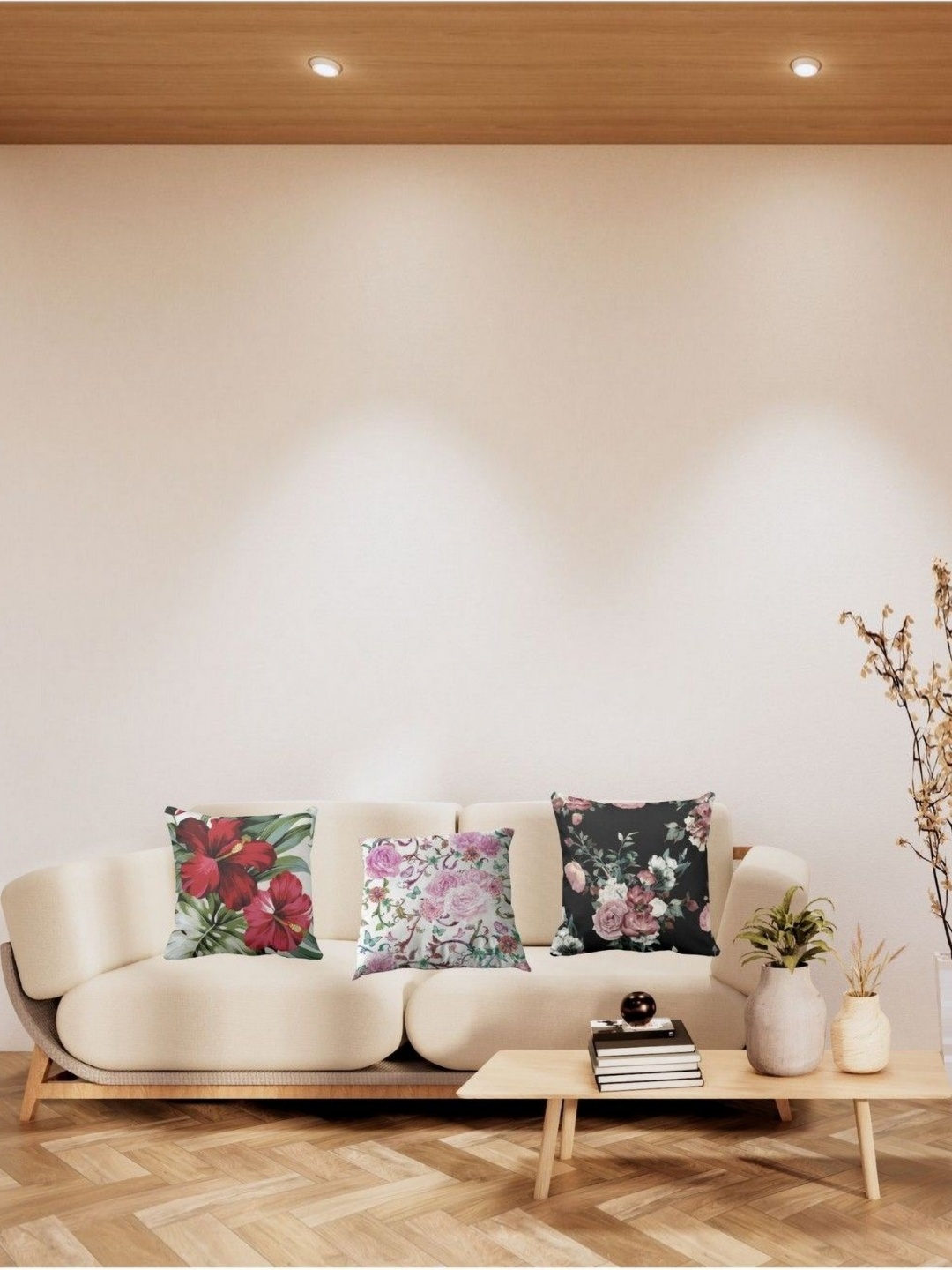 

THEYAYACAFE Black & Pink 3 Pieces Floral Printed Velvet Square Cushion Covers
