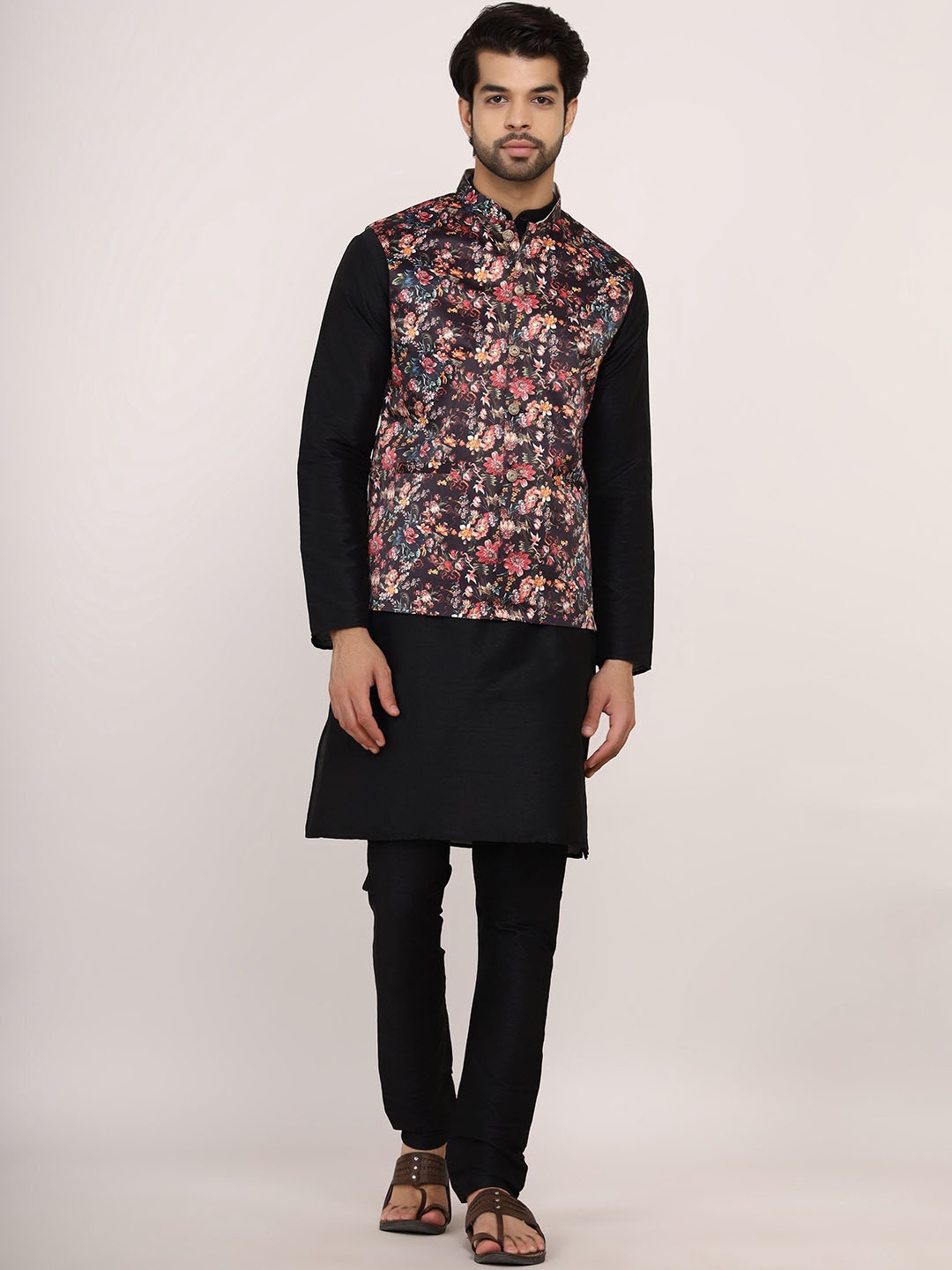 

Sadree Mandarin Collar Dupion Silk Straight Kurta With Churidar, Black