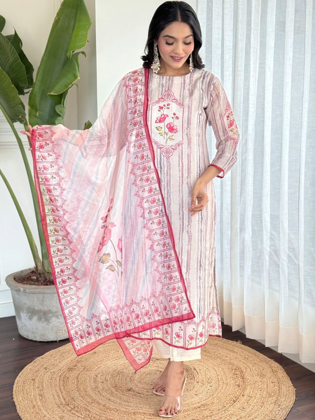 

KALINI Striped Anarkali Kurta With Trouser & Dupatta, White