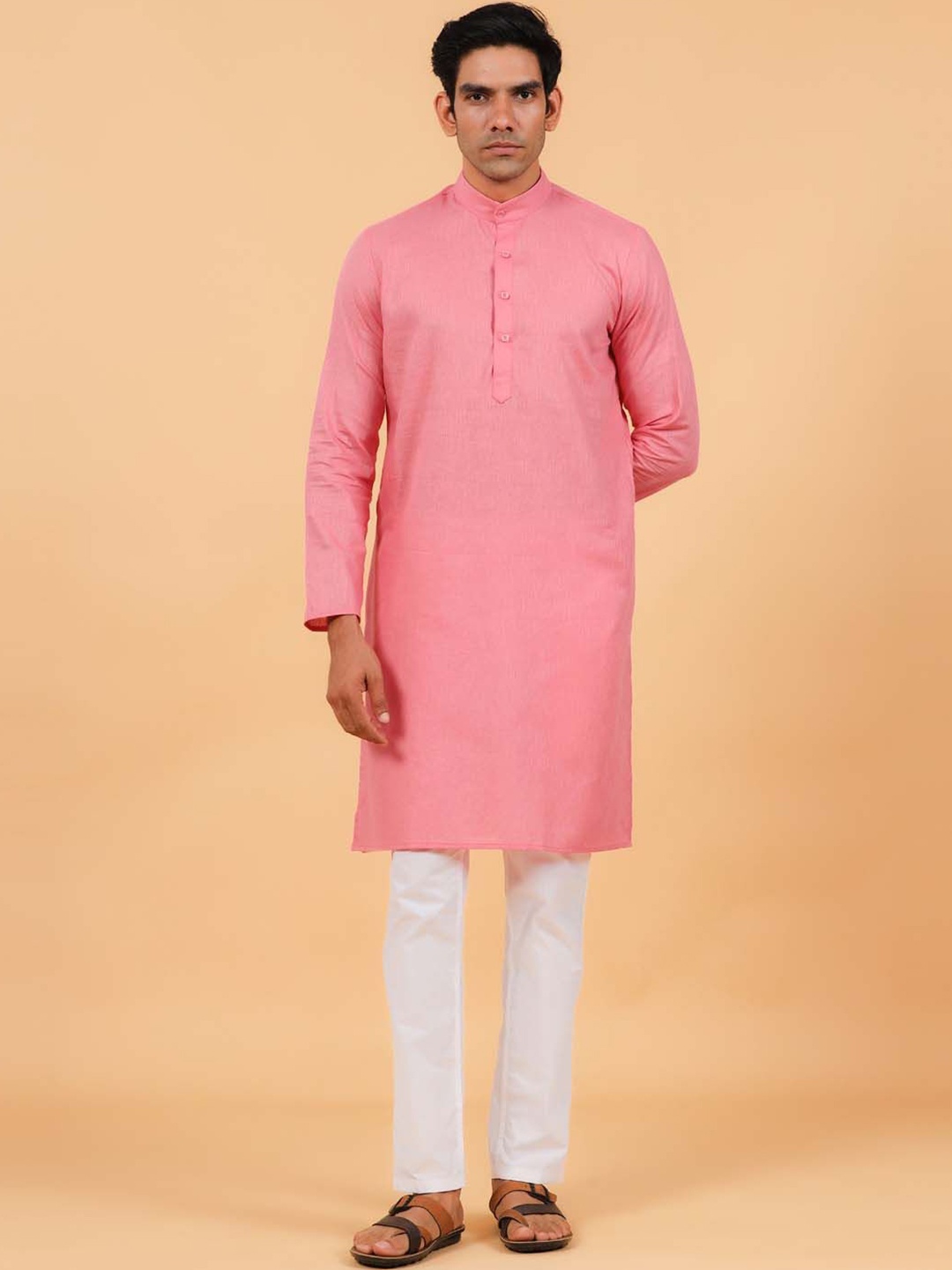 

Tistabene Mandarin Collar Linen Kurta, Pink