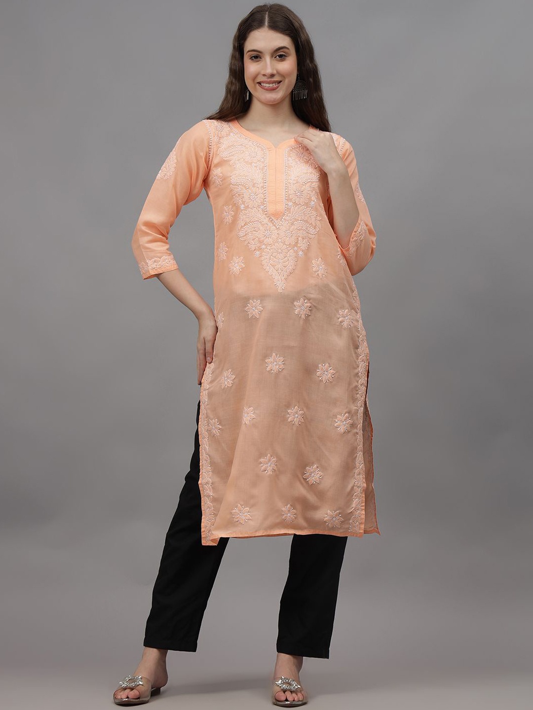 

Seva Chikan Floral Embroidered Lucknowi Chikankari Straight Kurta, Peach