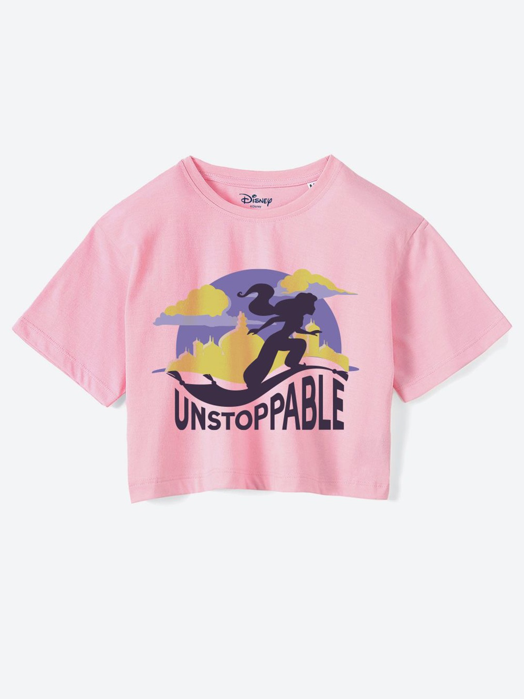 

YK Disney Girls Printed Pure Cotton Applique Boxy T-shirt, Pink